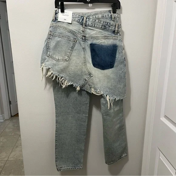Zara The Layered Denim Skirt Over Jeans Size 2 - Picture 10 of 16